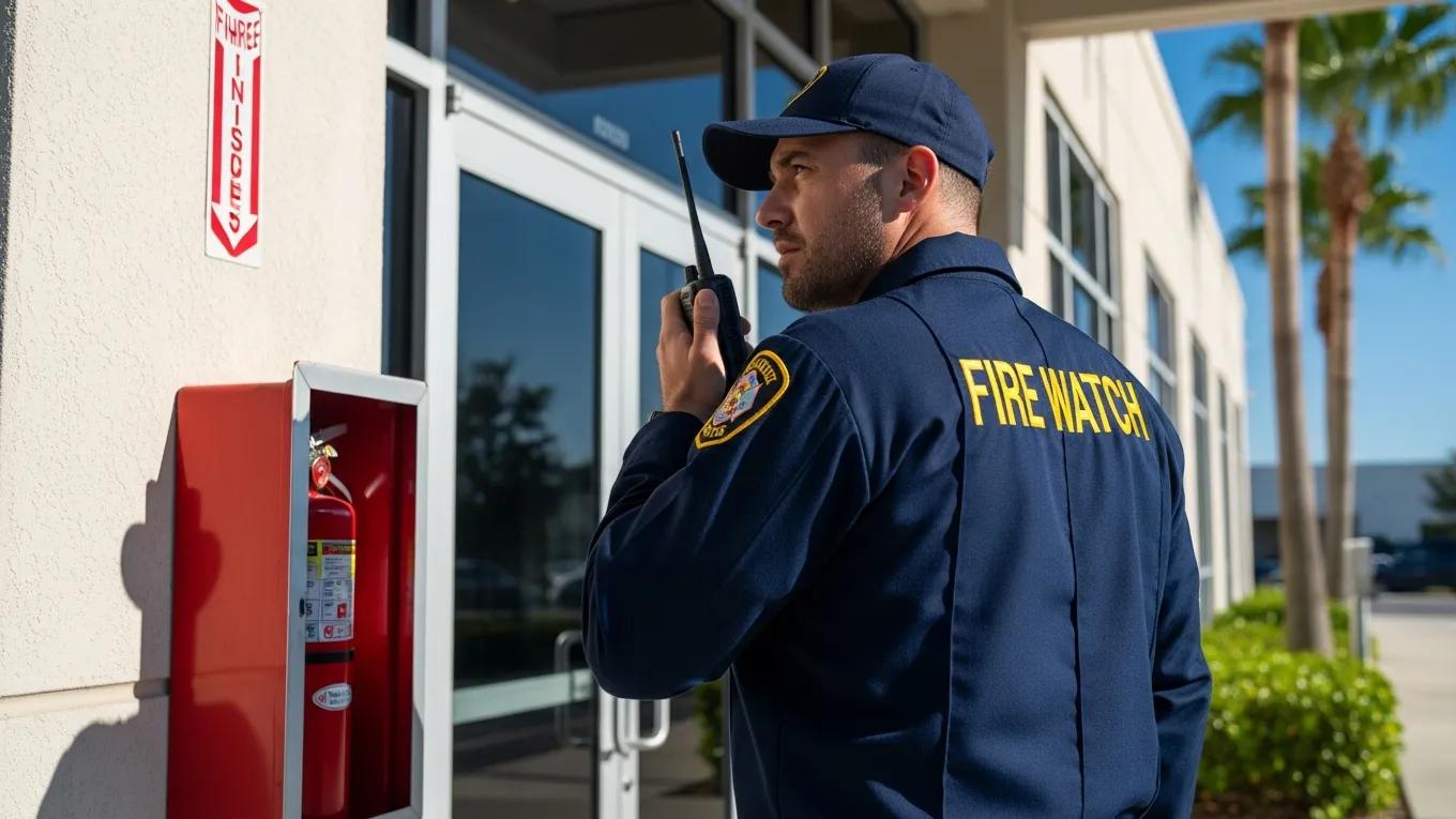 UPM Security fire watch guard monitoring commercial building in Florida, ensuring fire safety compliance.