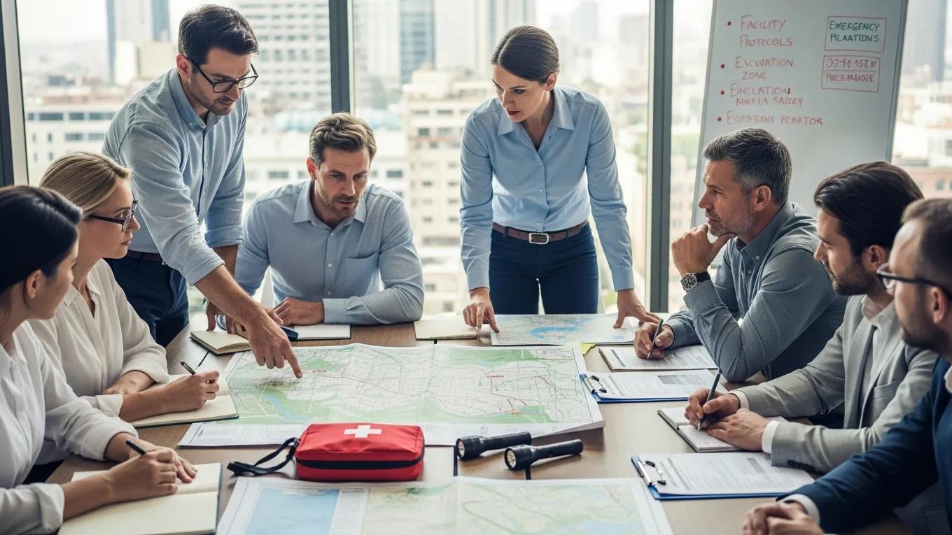 UPM Security professionals collaborating on emergency preparedness planning and crisis management in a modern office setting.