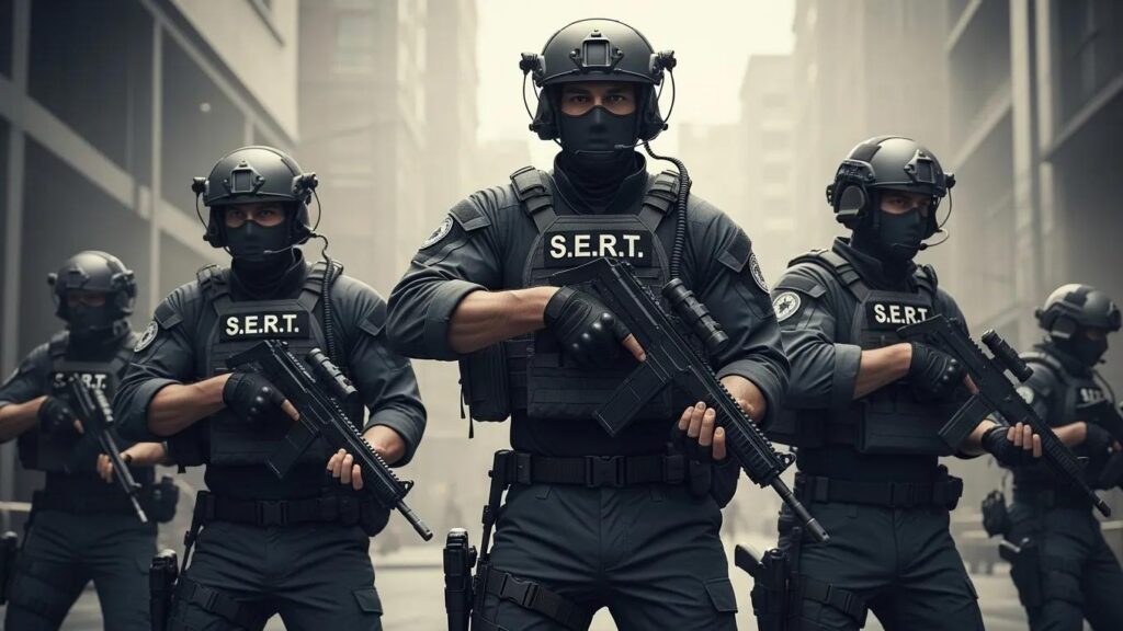 Special Emergency Response Team in tactical gear ready for action in a high-risk urban environment