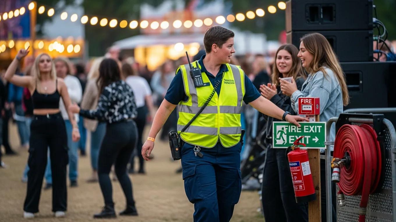 UPM Security fire watch guard patrolling a busy event, ensuring safety compliance and fire exit accessibility.