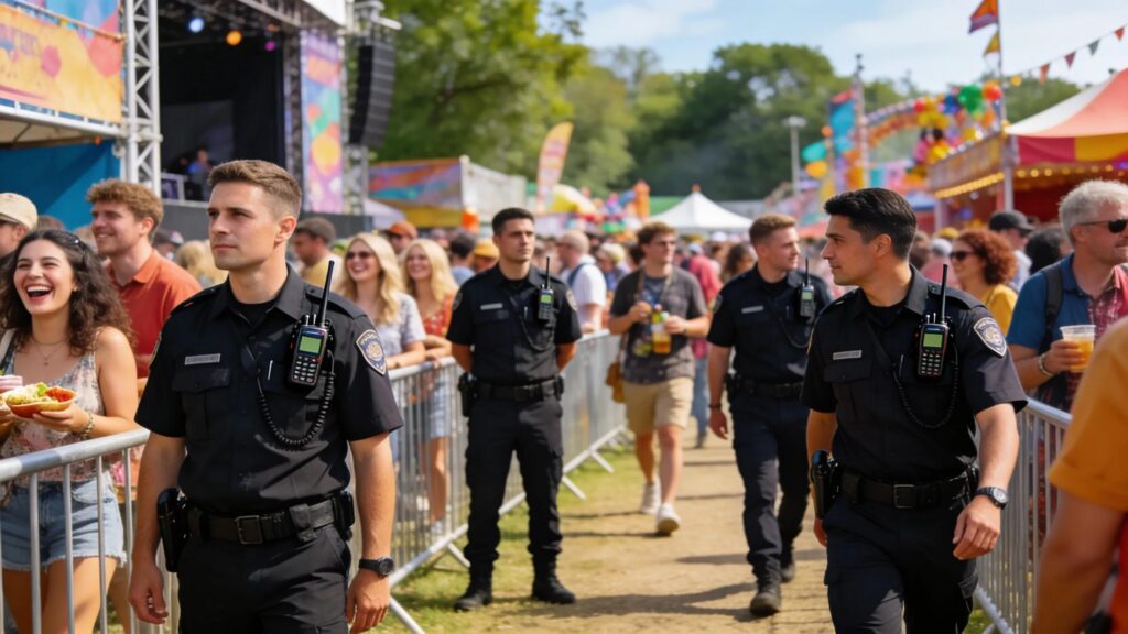 Event security team monitoring guest activities at a lively outdoor festival, showcasing safety measures
