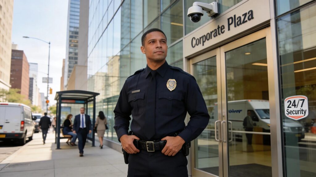 Professional security guard in uniform at a corporate building highlighting security services