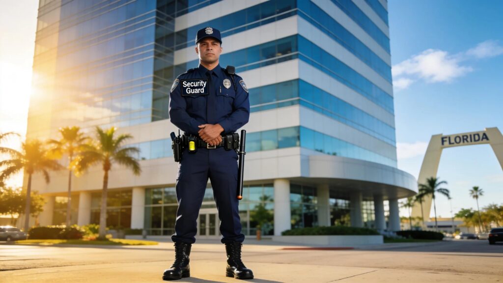 Florida security guard in uniform in front of a modern office building, symbolizing licensing requirements