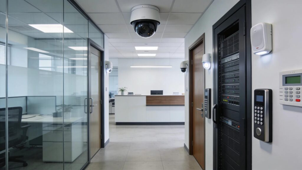 Modern commercial security system components such as cameras and alarms in a business setting