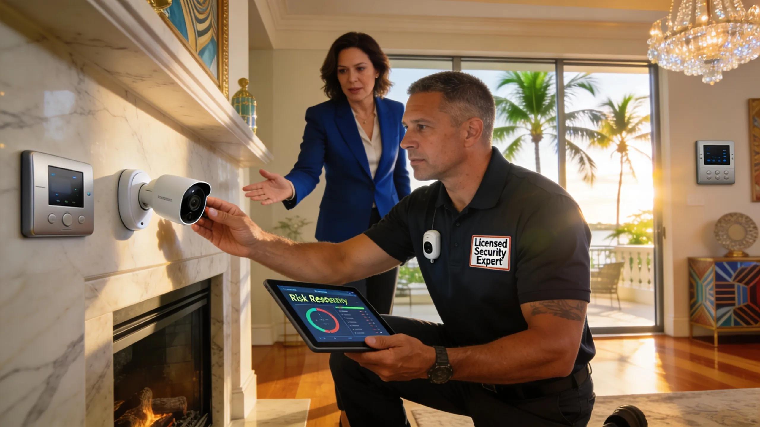 Licensed Florida security expert performing a comprehensive risk assessment in a high-end home