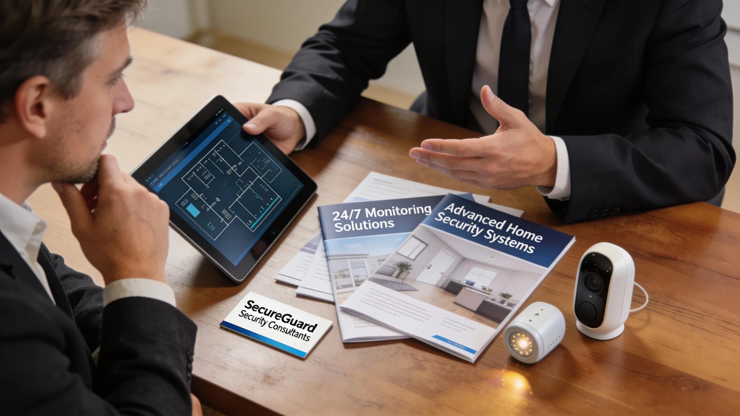 Homeowner consulting with security provider about residential security options
