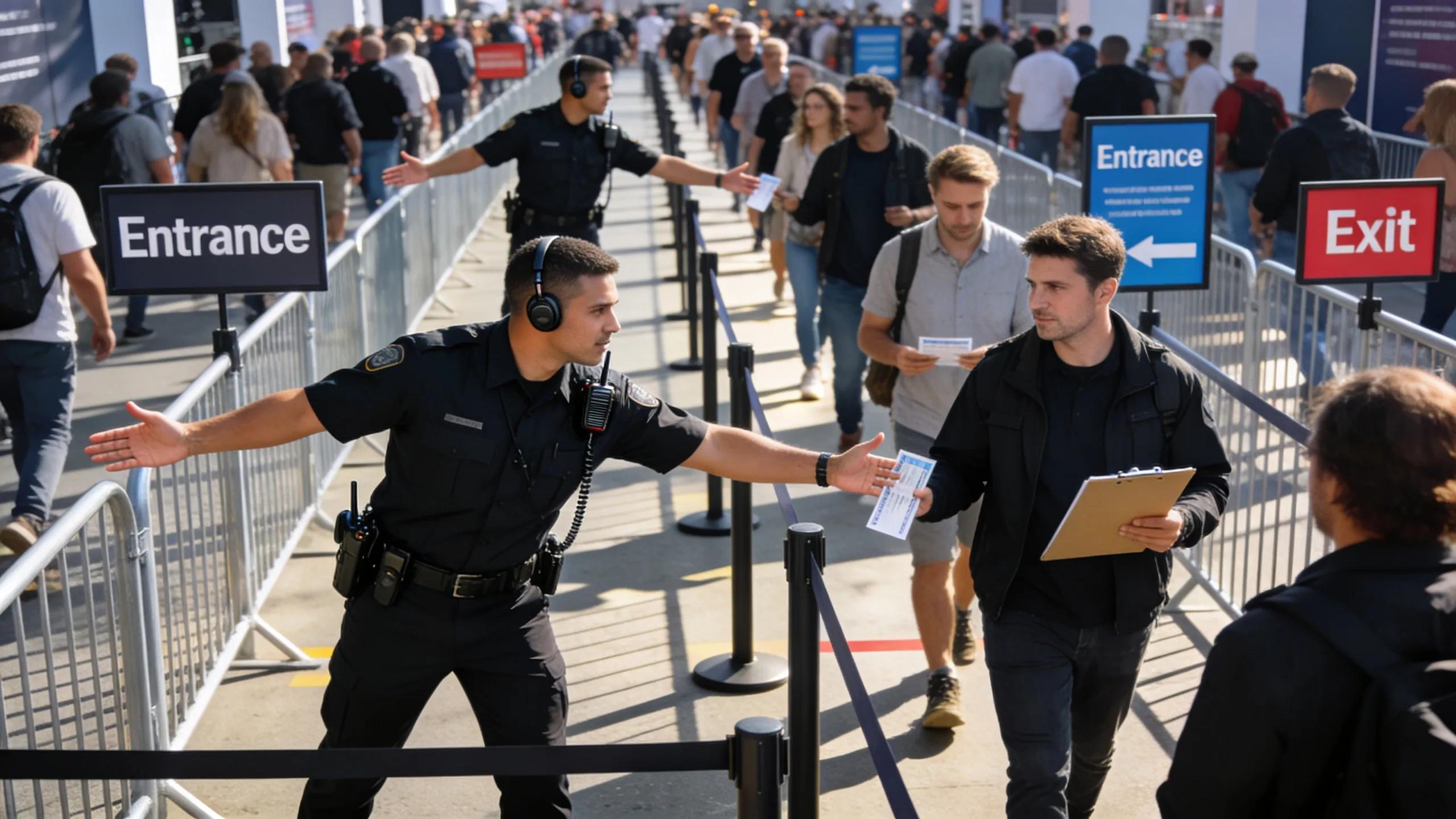 Security personnel managing attendee flow at an event, demonstrating effective crowd control techniques