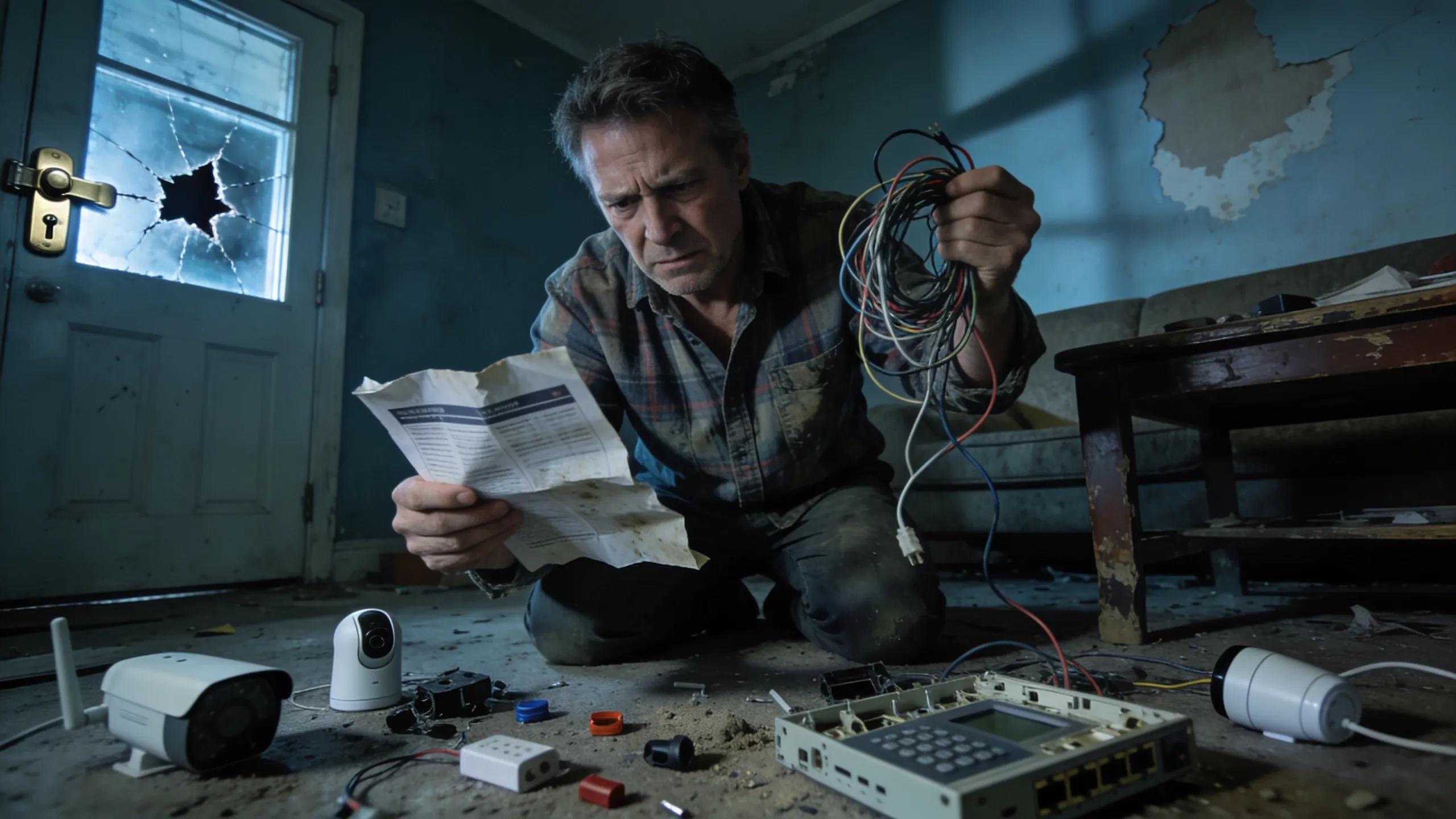 Frustrated homeowner struggling with a DIY security system installation in a modest home, highlighting potential risks