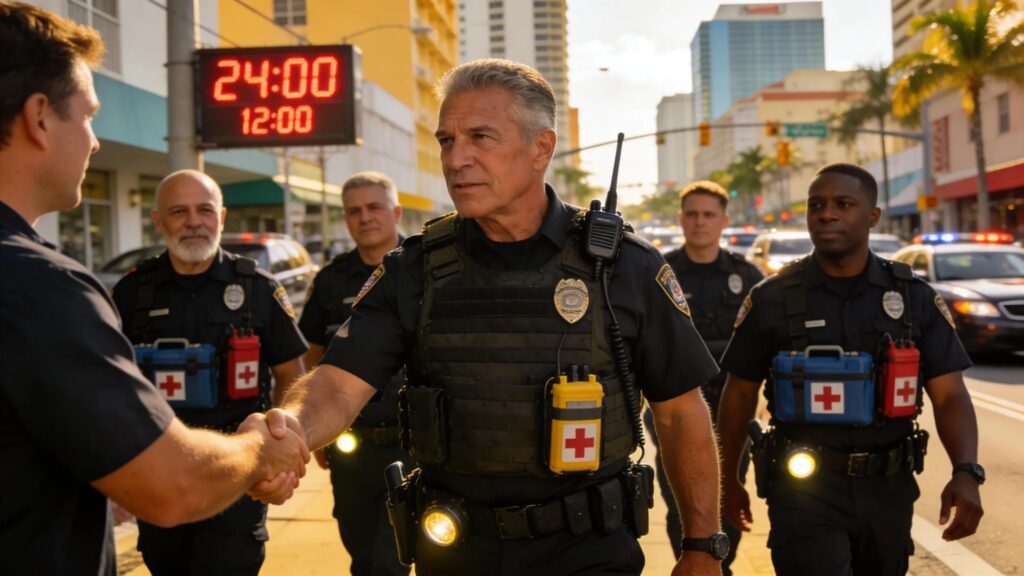 Diverse emergency security team demonstrating readiness and veteran expertise in a busy urban setting