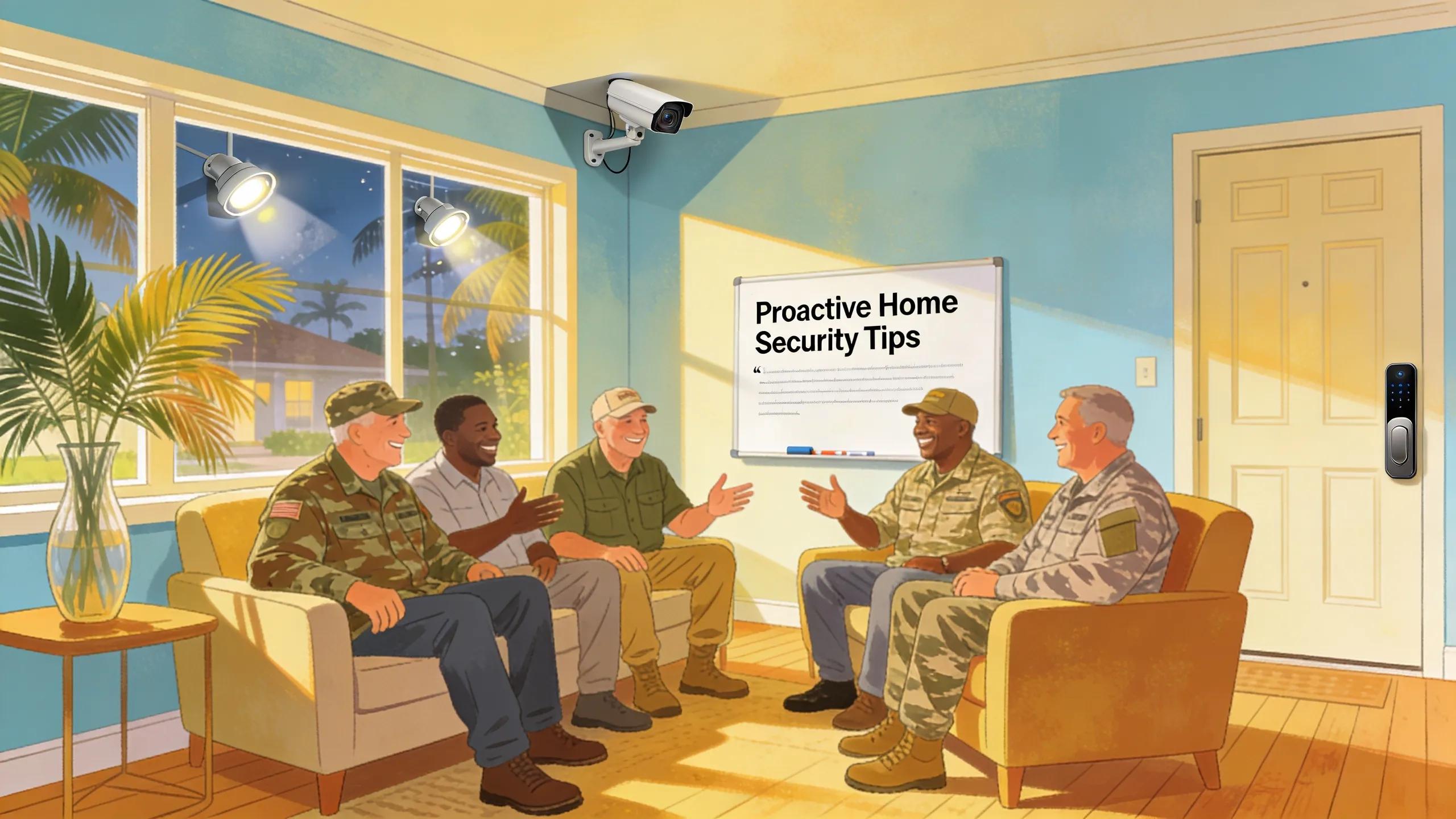 Veterans discussing successful home security strategies in a luxurious South Florida setting