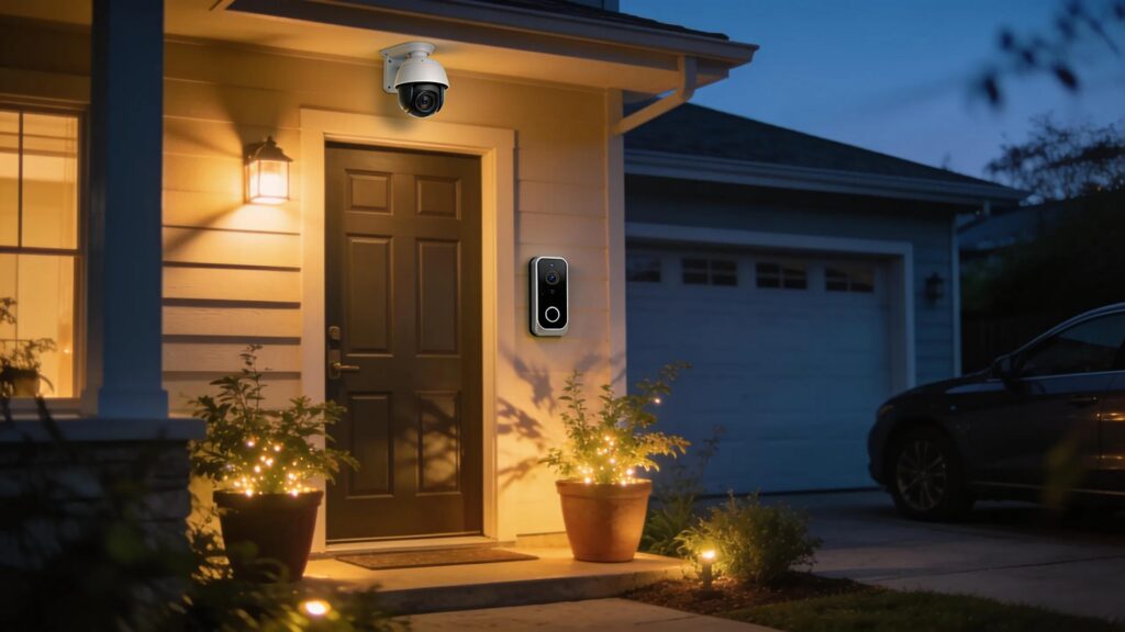 Residential security featuring a modern home entrance with surveillance technology