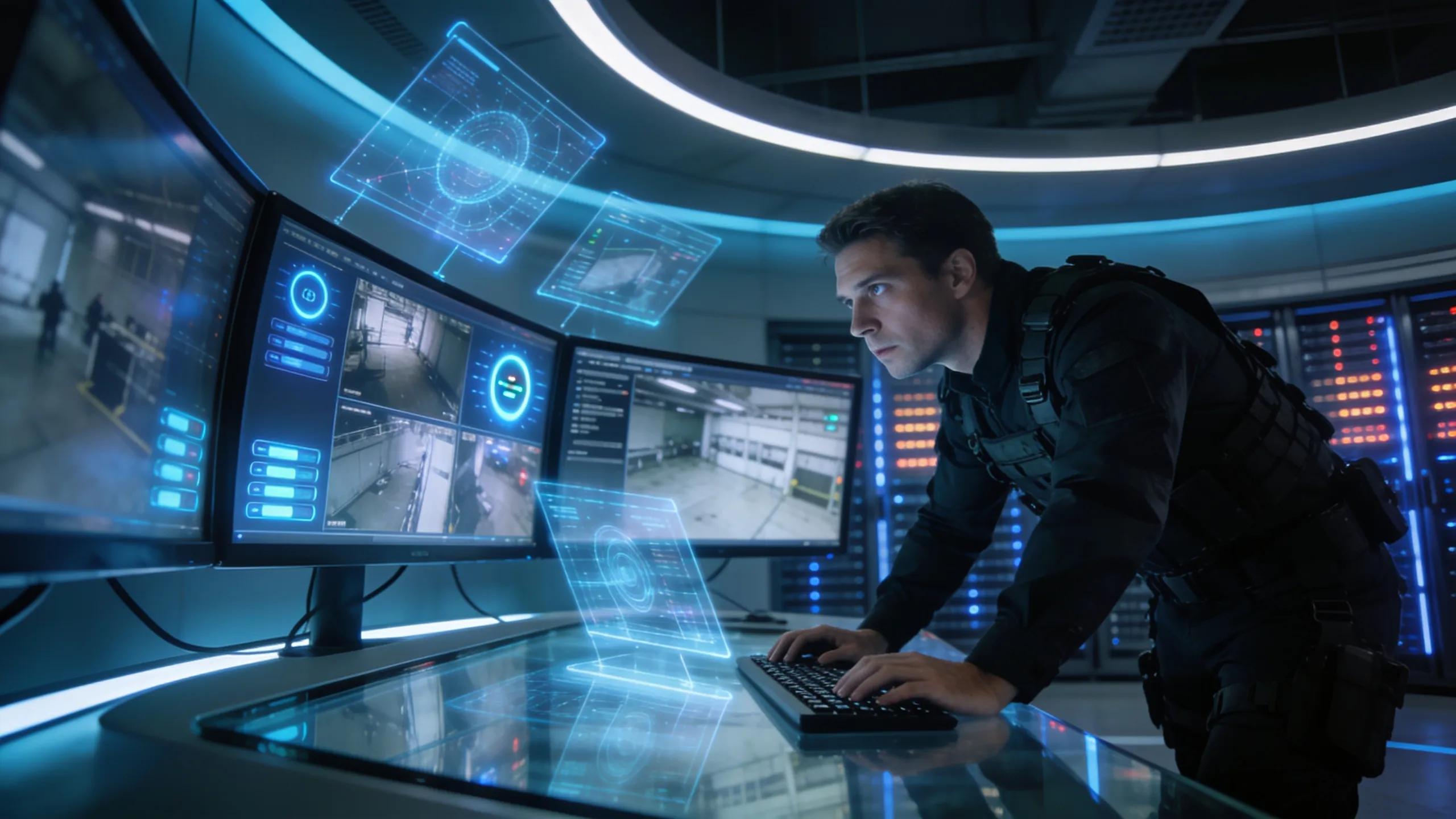 Security professional monitoring surveillance feeds in a modern control room