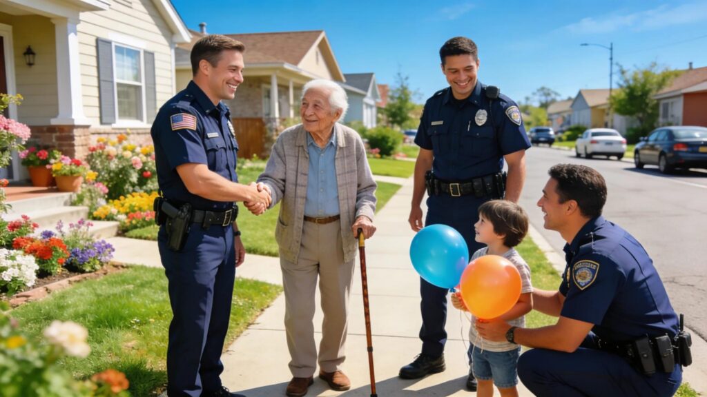 Local security team interacting with community members, highlighting safety and trust