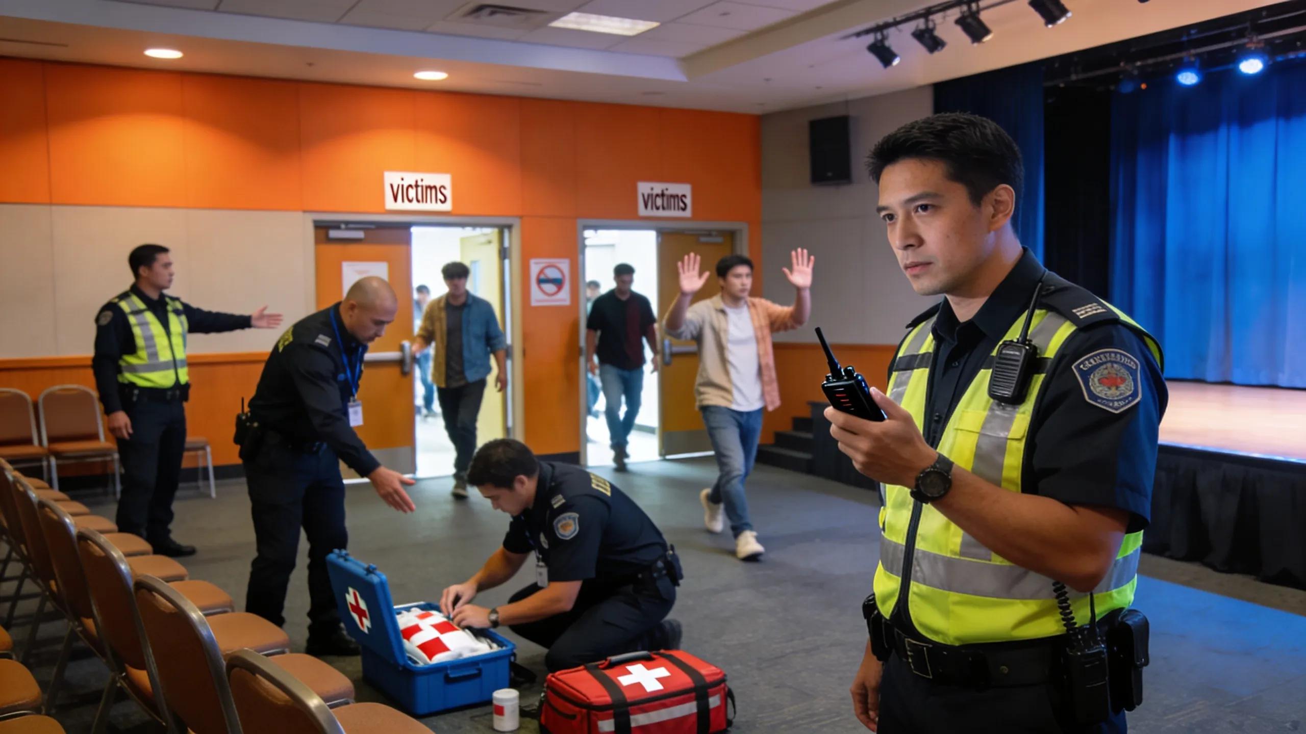 Security personnel conducting an emergency response training drill, emphasizing preparedness for event safety