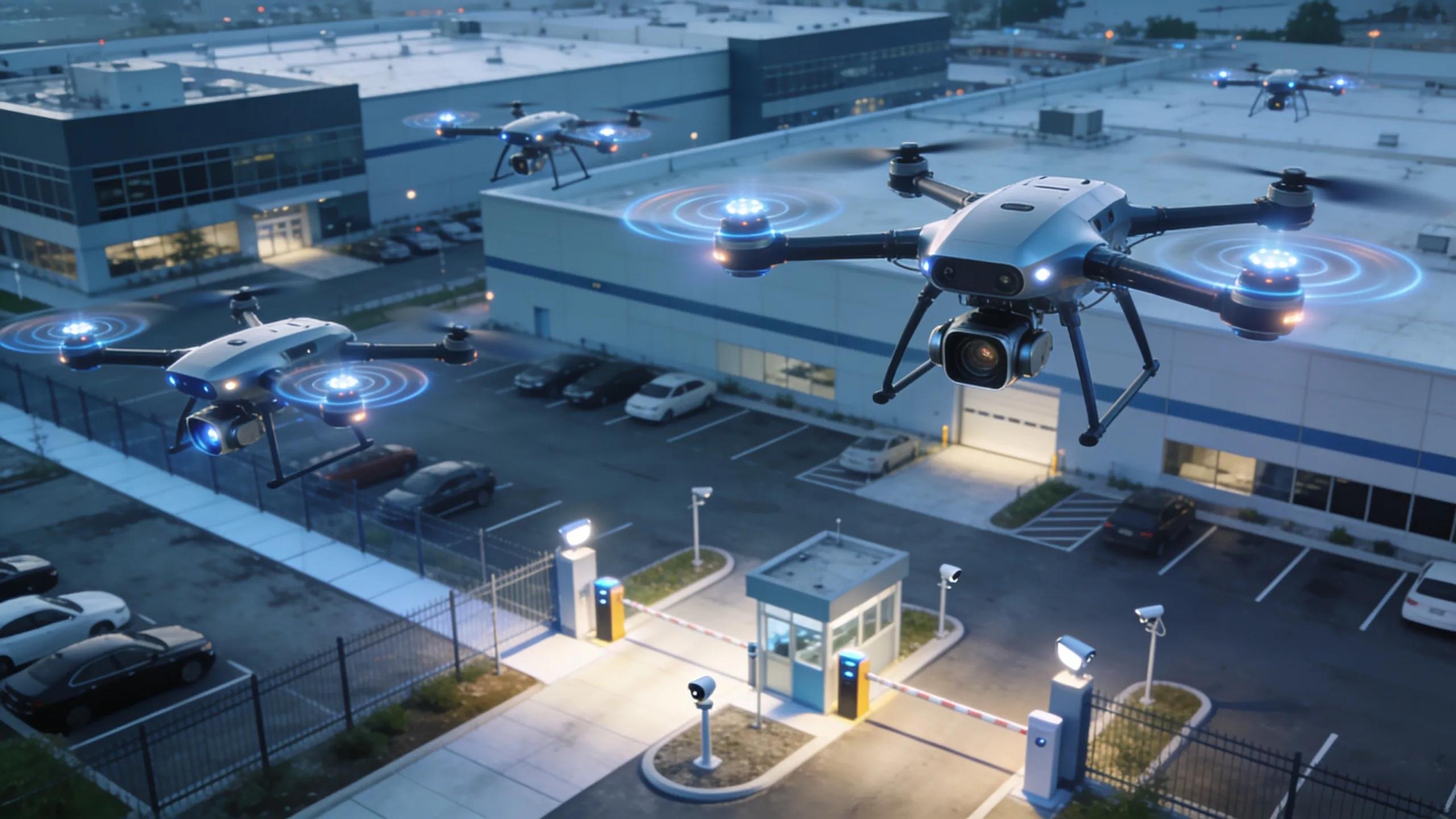 Drones providing aerial surveillance over a commercial property for enhanced security
