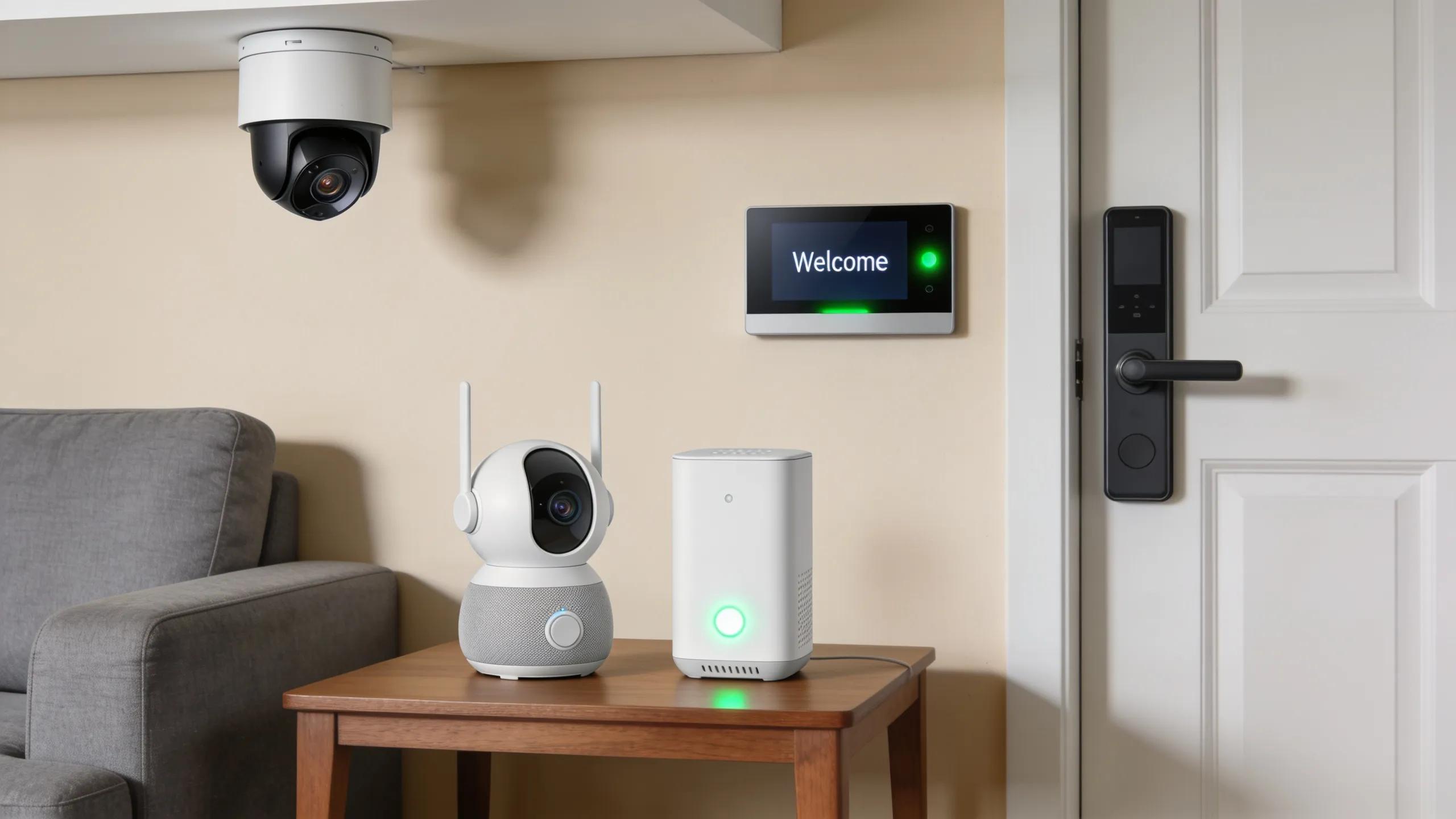 Various types of residential security systems showcased in a home setting