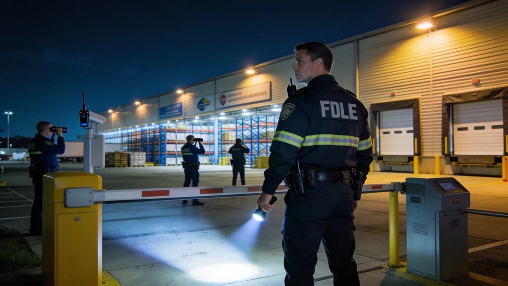 Fire watch security personnel monitoring a commercial property at night, highlighting vigilant safety practices
