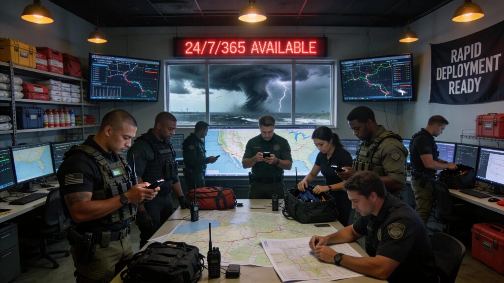 Veteran-led armed security team preparing for hurricane disaster response in Florida