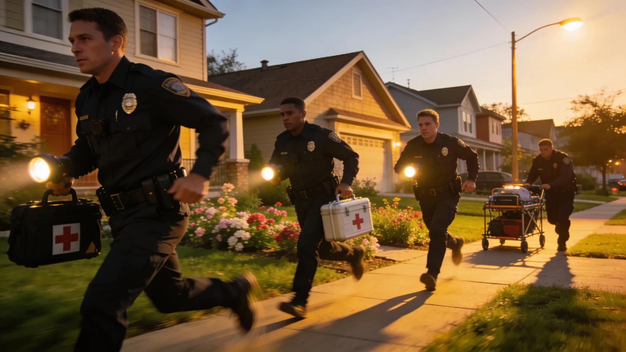 Local security personnel responding swiftly to an emergency in a residential area